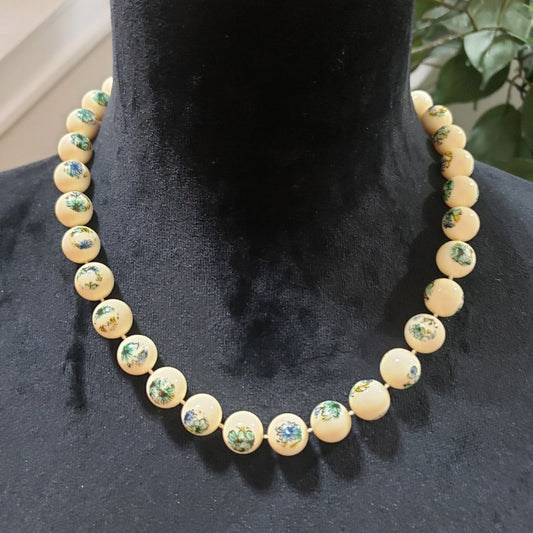 Women's Vintage Super Cute Cream Color Beads with Blue Flowers Choker Necklace