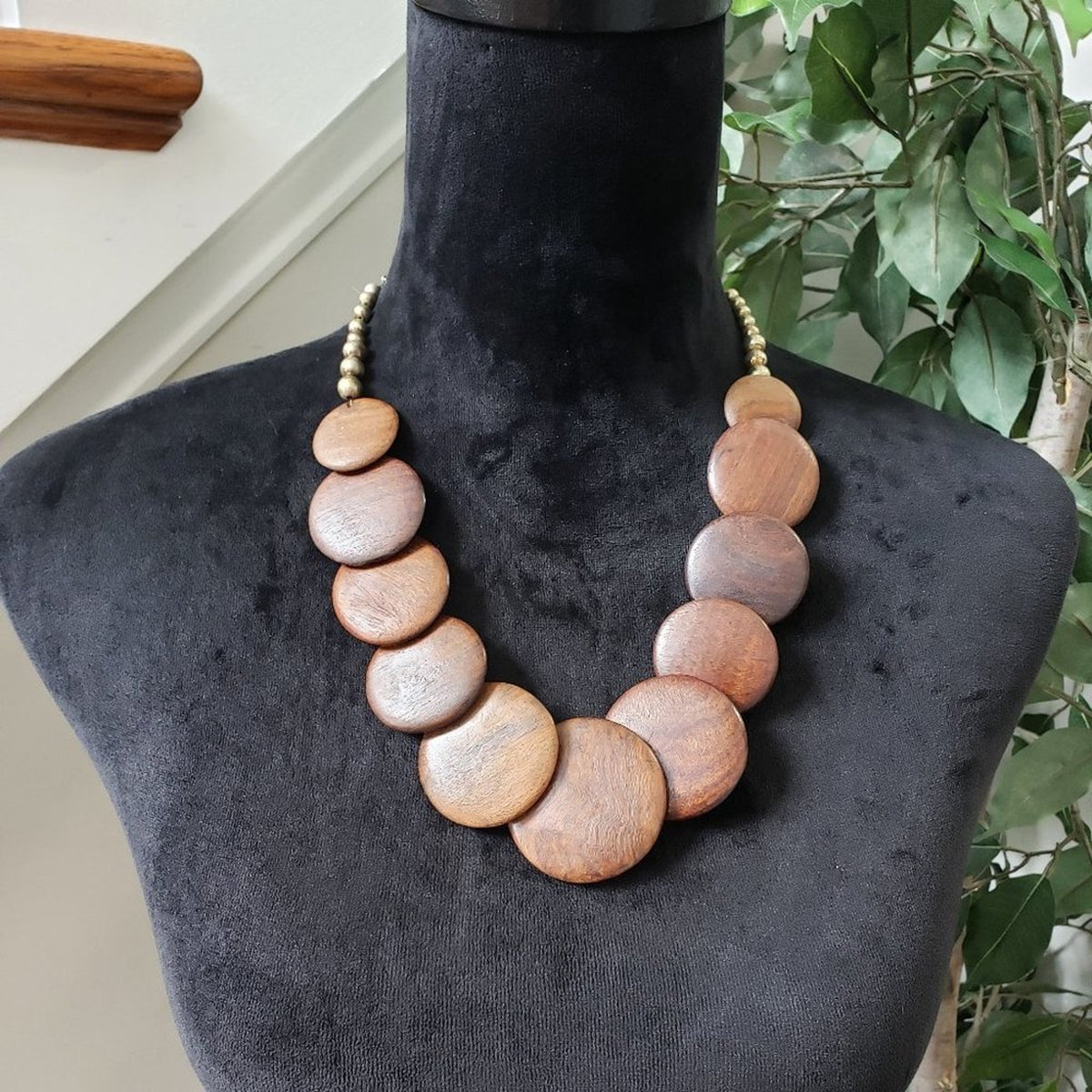 Womens Brown Wooden Disc Decor Beaded Collar Ethnic Style Necklace