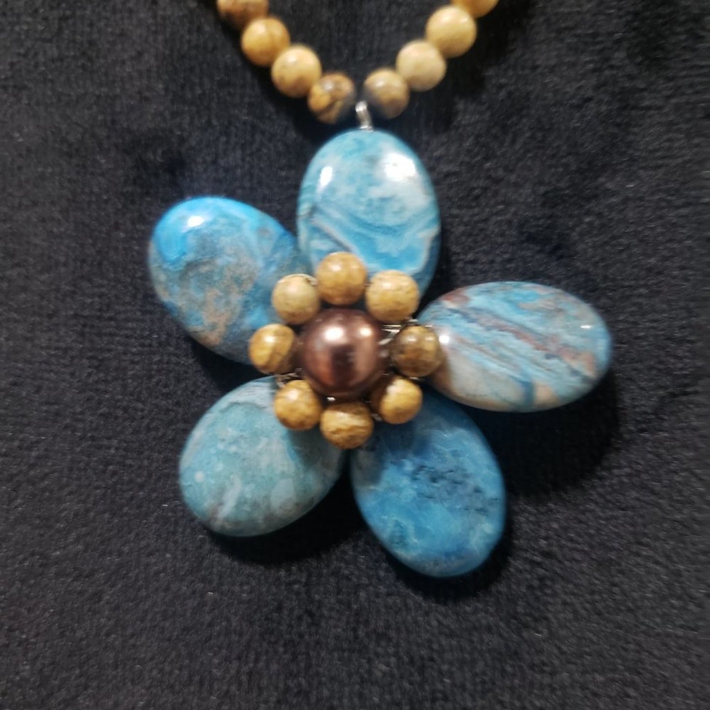Womens Faux Pearls and Pale Light Blue Big Flower Beaded Pendant Collar Necklace