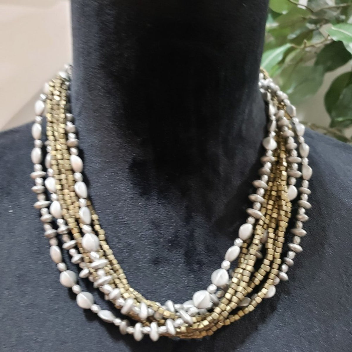 Vintage Boho Multi Strand Necklace Dark Brown Bronze & Silver Bead Choker