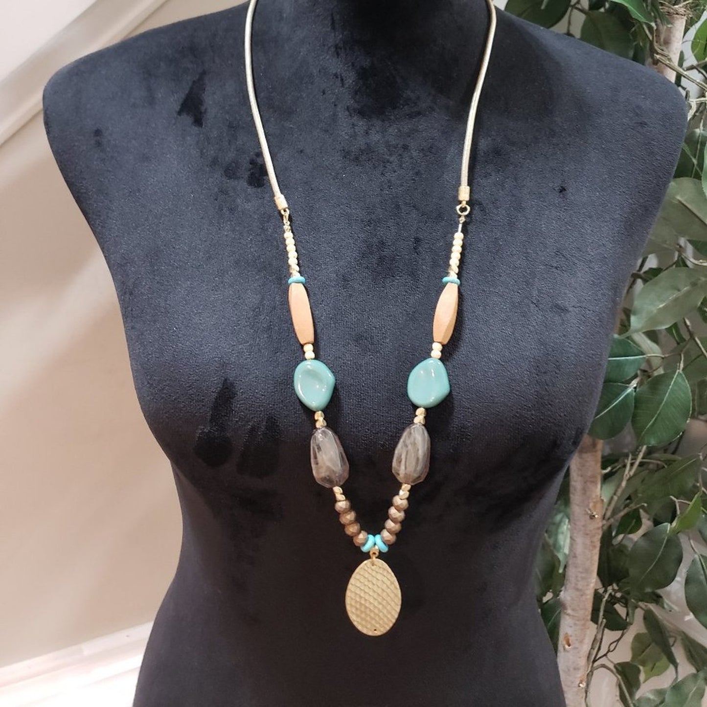 Womens Blue Rhinestone Tribal Beads Jewelry Beaded Teardrop Necklace