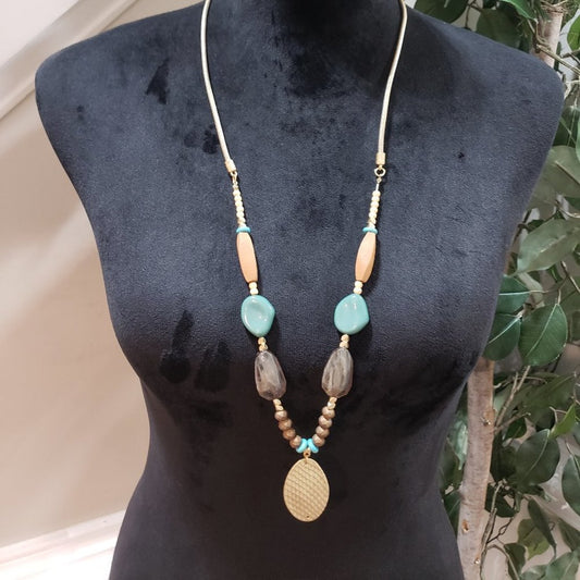 Womens Blue Rhinestone Tribal Beads Jewelry Beaded Teardrop Necklace