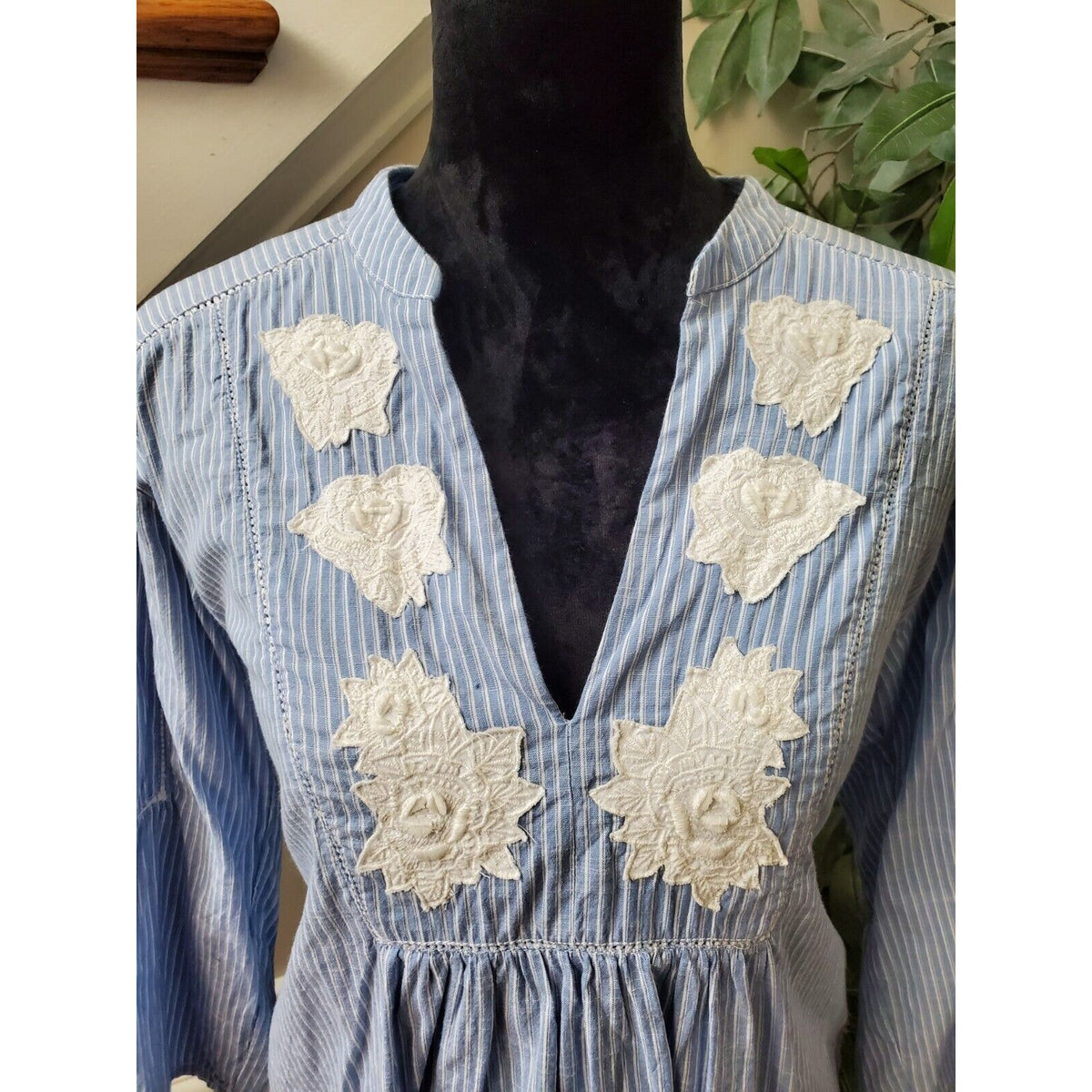 L.O.G.G Women's Blue Striped 100% Cotton V-Neck Long Sleeve Casual Top Blouse 2