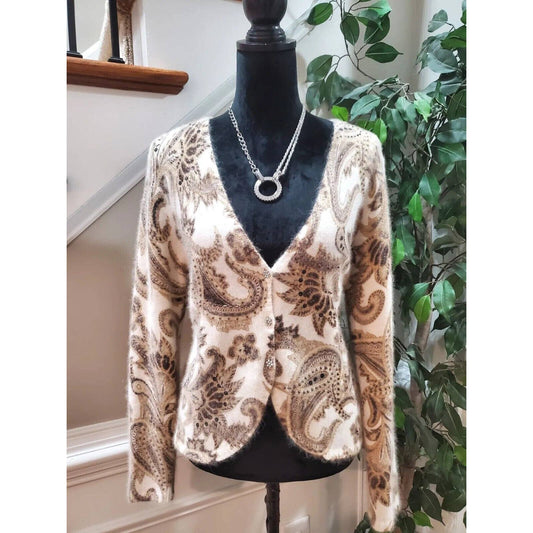 Pursuits, Ltd Women Beige & Brown Nylon Long Sleeve Cardigan Sweater Size Large