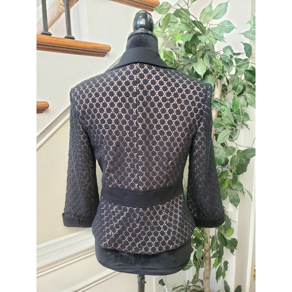Kay Unger Womens Black Cotton 3/4 Sleeve Crochet Swiss Dot Stretch Blazer Size 6