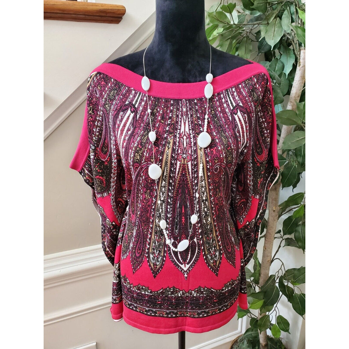 Cache Top Poncho Blouse Pink Paisley Knit Kimono Batwing Sleeves No Belt Size M