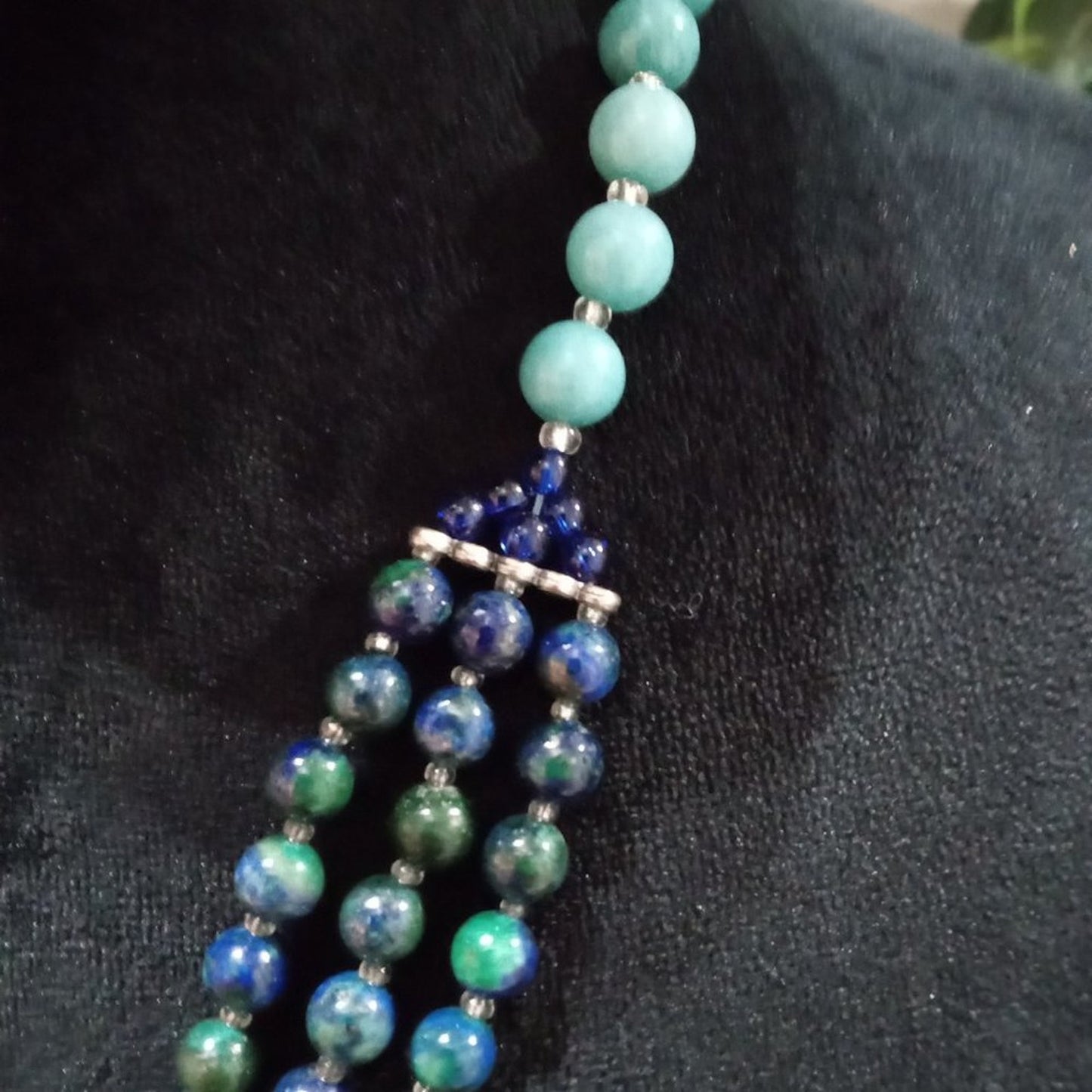 Womens Fashion Triple Strand Blue Green Beaded Collar Necklace w/ Lobster Clasp