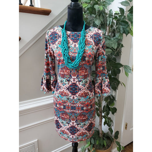 London Style Women's Multicolor Round Neck Long Sleeve Knee Length Dress Size 4