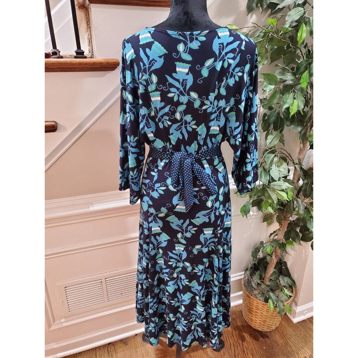 Blue Women's Floral Polyester V-Neck Casual Long Sleeves Knee Length Dress 8