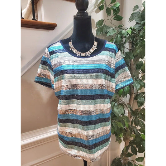 New York & Company Women Multicolor Round Neck Short Sleeve Top Blouse Size XL
