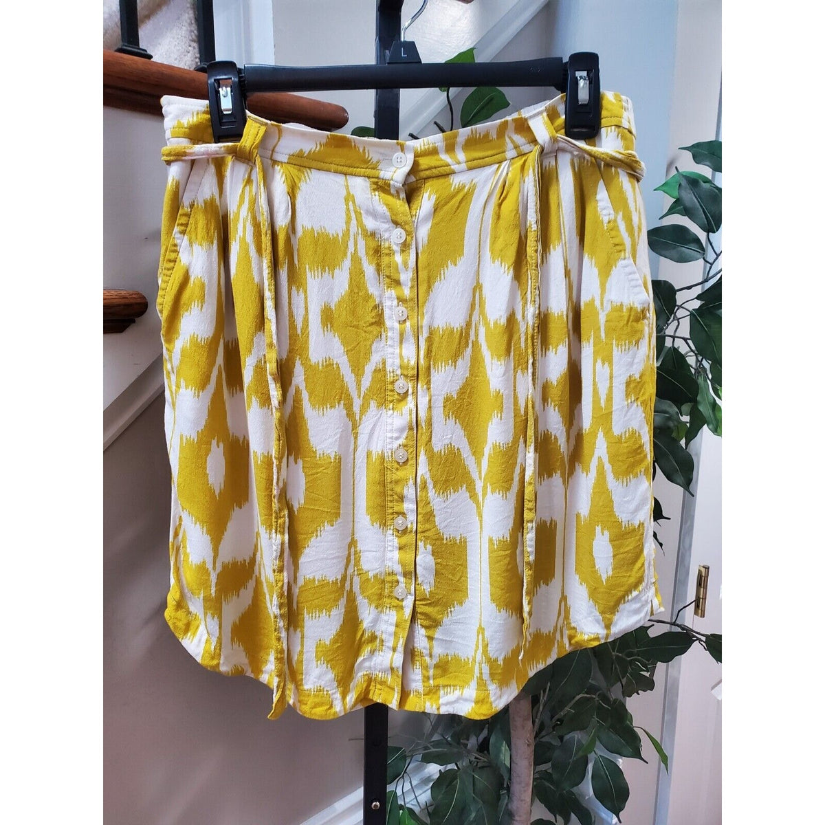 LOFT Women's Yellow White Button Down Fully Lined Pockets & Belt Loops Skirt M