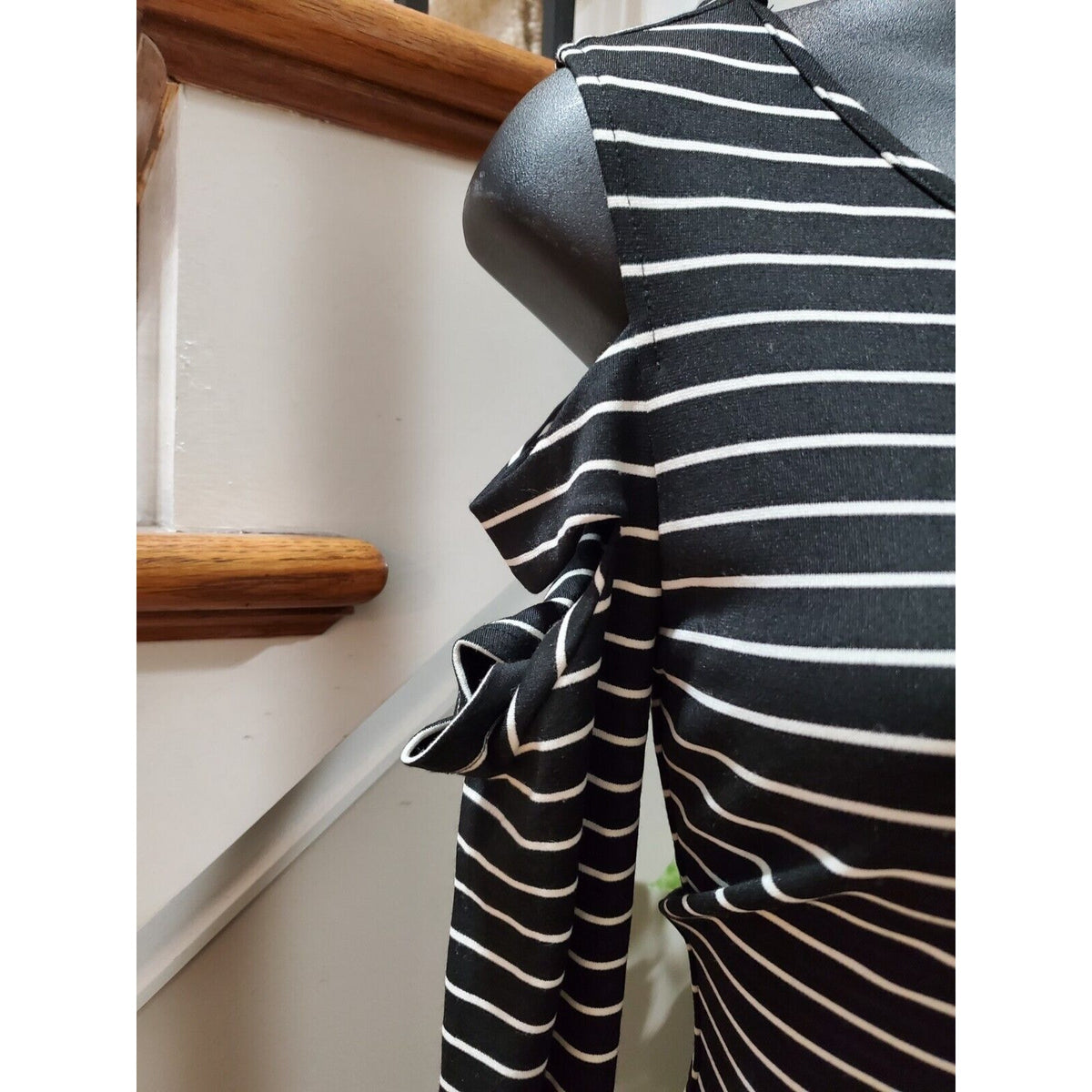 Torn by Ronny Kobo Off Shoulder Black Striped CutOut Sleeve Knee Length Dress XS