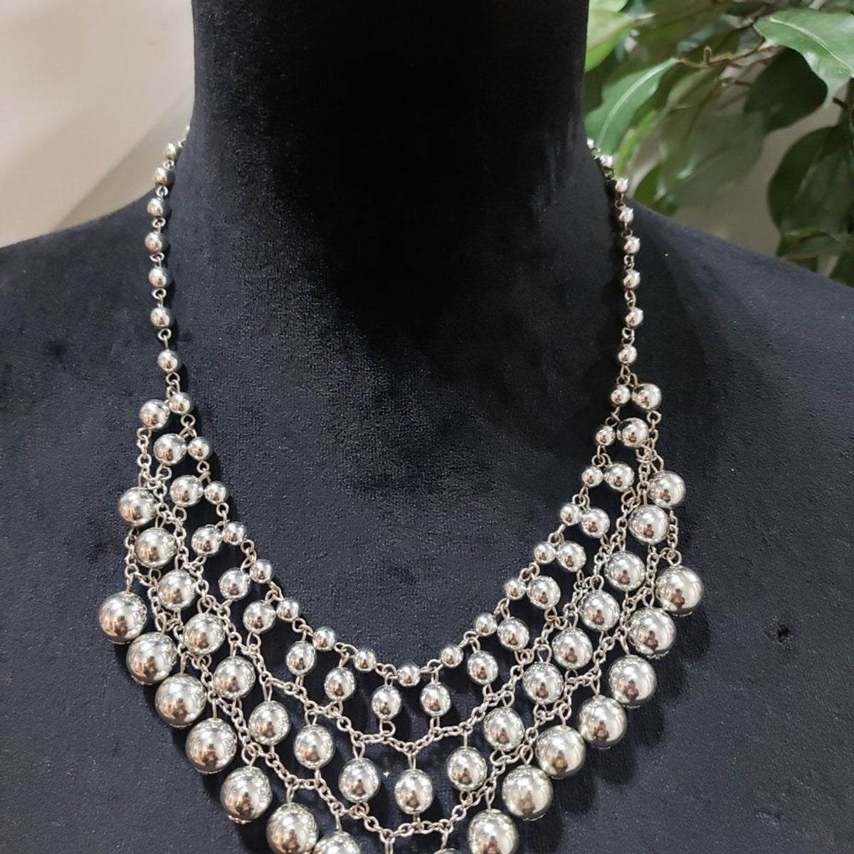 Chico's Womens Fashion Elegant Silver Tone Round Beads Bib Necklace with Lobster