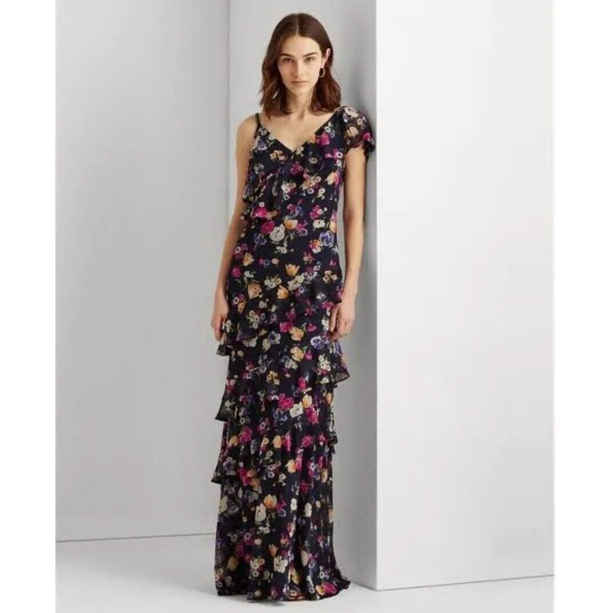 Ralph Lauren Navy Zipper Beaded Lined Darted Tiered Ruffled Floral Maxi Dress 10