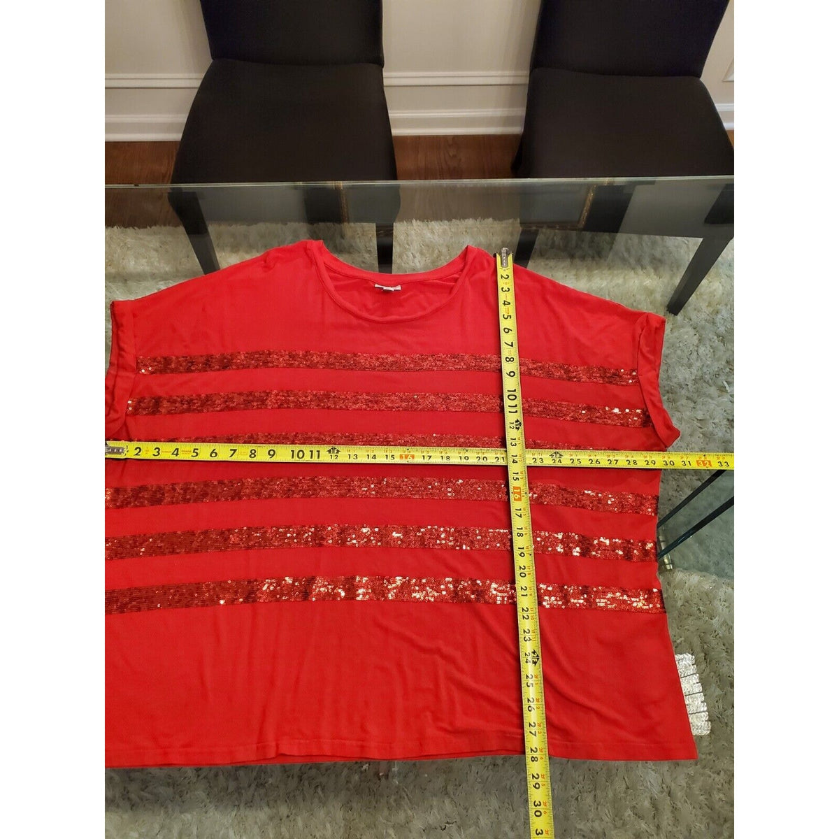 Avenue Women’s Sequin Red Striped Round Neck Sleeve Top Blouse Size 30/32