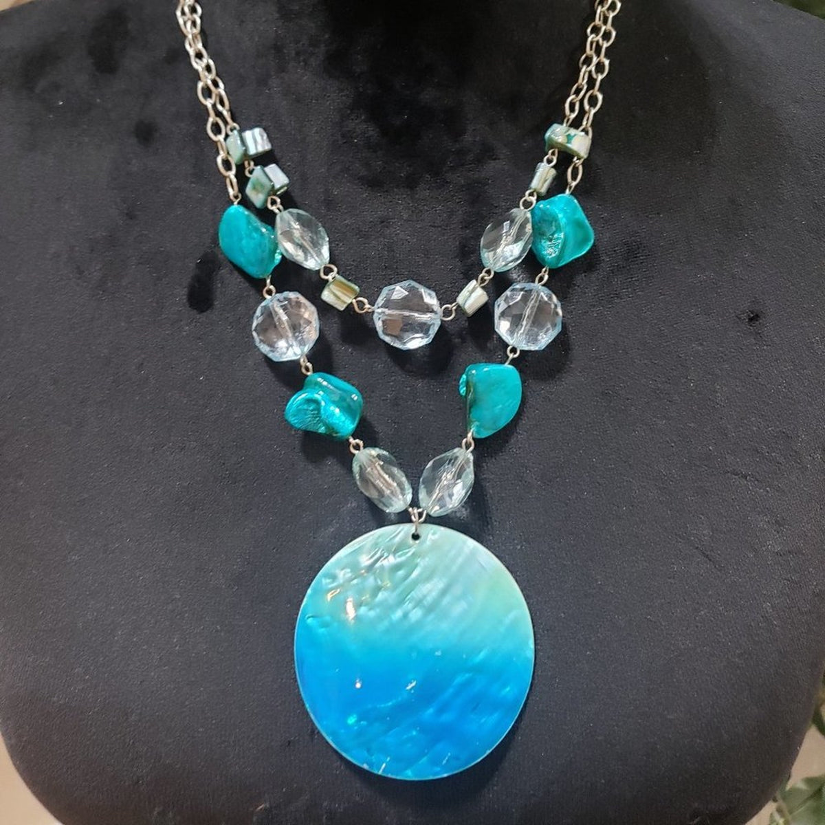 Womens Double Layered Clear Crystals, Glass and Shell Beads Pendant Necklace