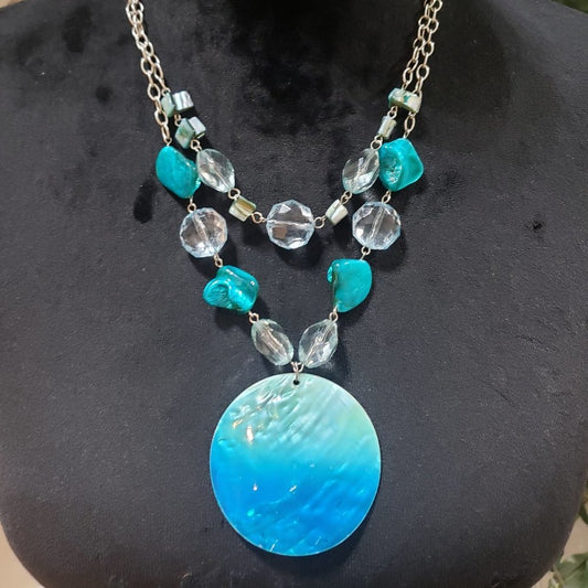 Womens Double Layered Clear Crystals, Glass and Shell Beads Pendant Necklace