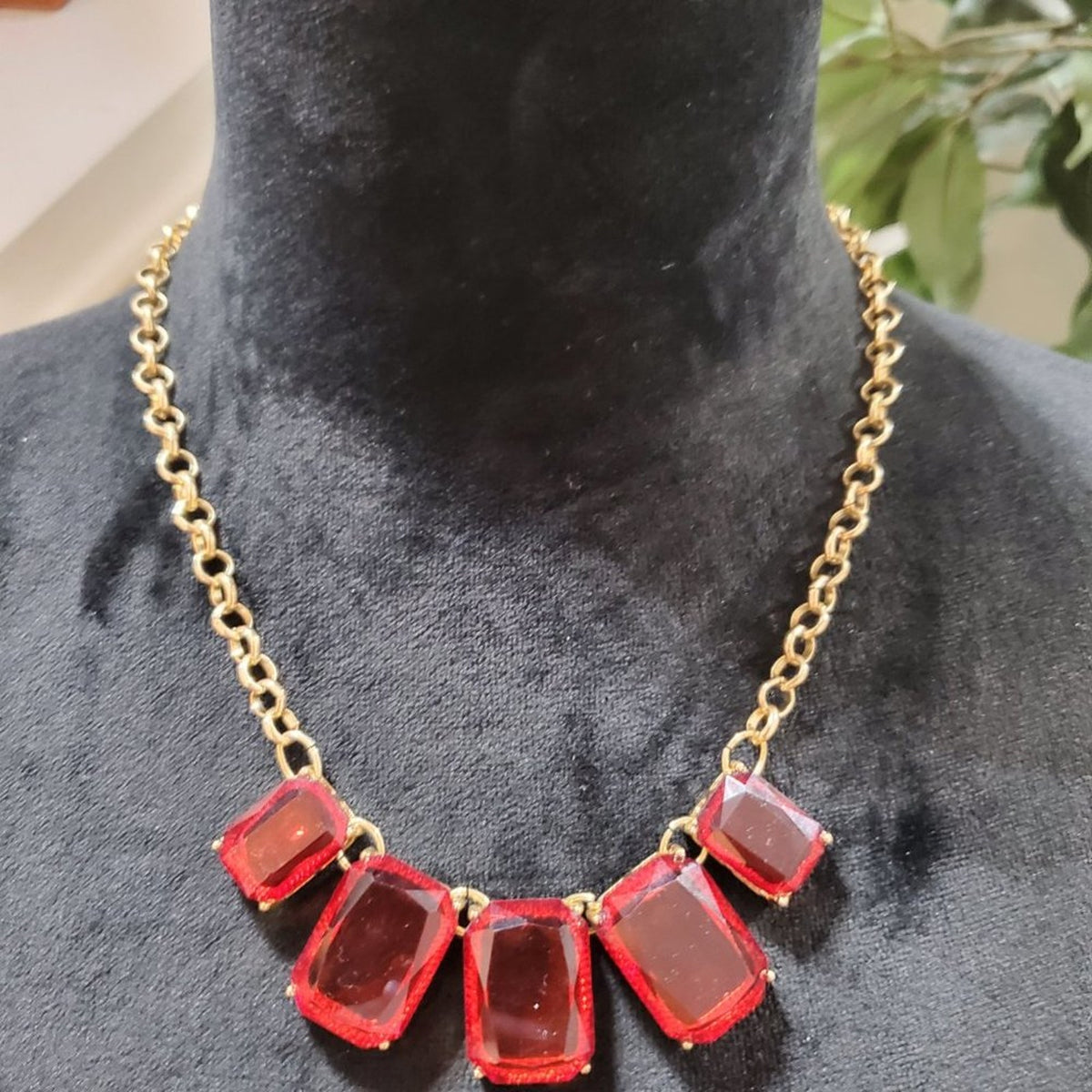 Womens Gold Plated Stylish Red Stone Studded Fashion Jewelry Necklace