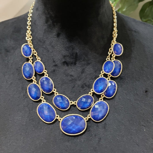 Womens Fashion Gold Tone Blue Cabochon Stone Colored Necklace with Lobster Clasp