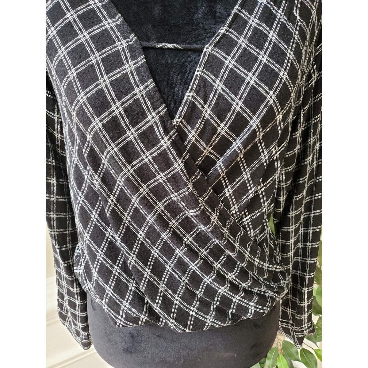 Urban Outfitters Black Blouse Plaid White Faux Wrap Open Front Cut Out Small