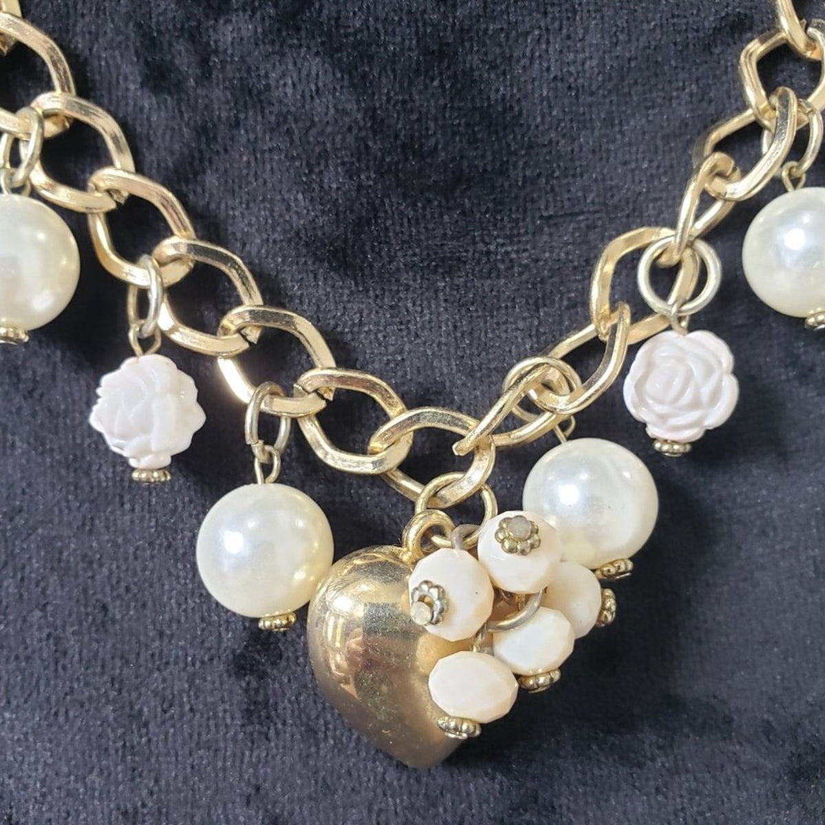 Womens Fashion Round Pearl Beads White Flower Gold Tone Heart Pendant Necklace