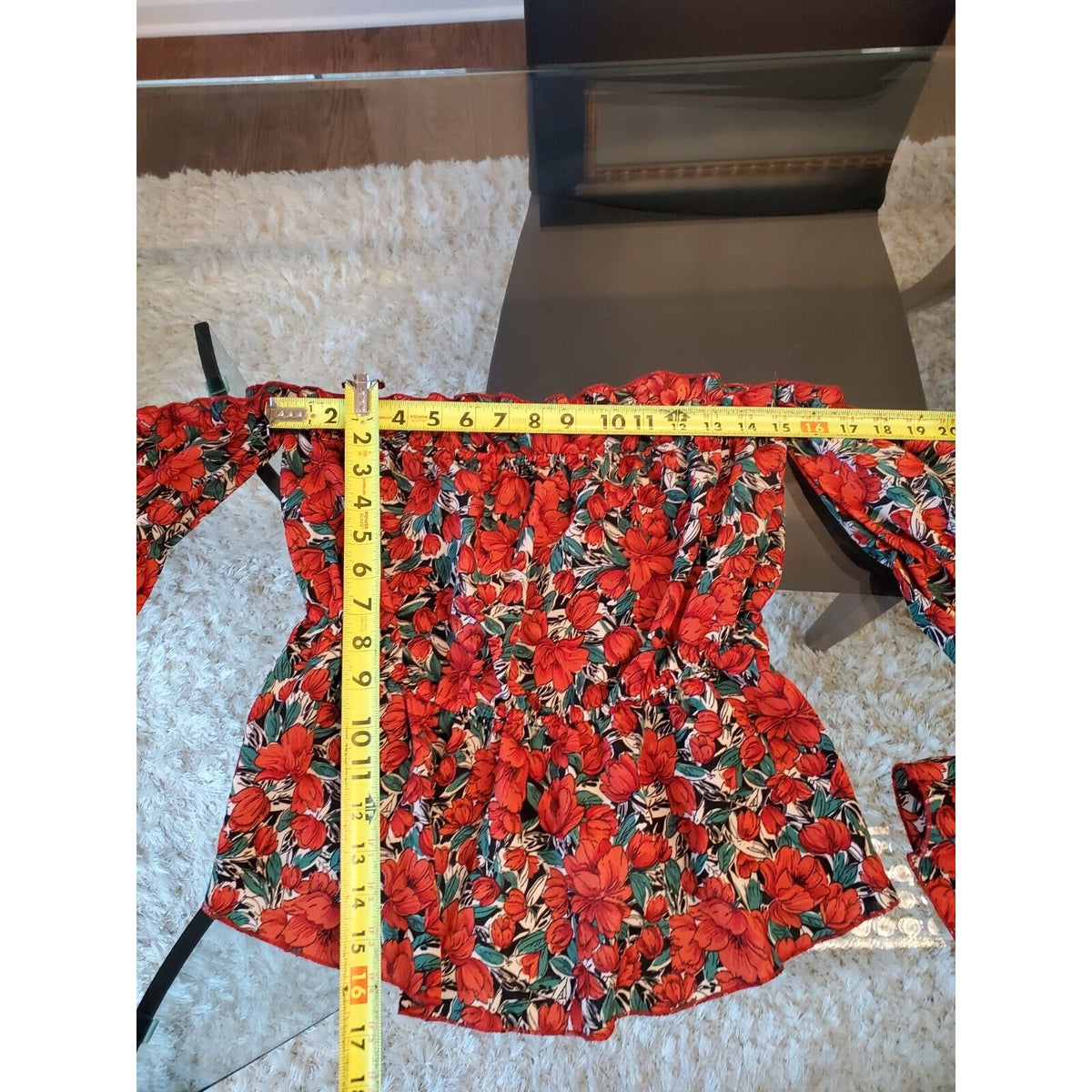 SHEIN Women Red Floral 100% Polyester Off The Shoulder Long Sleeve Top Blouse L
