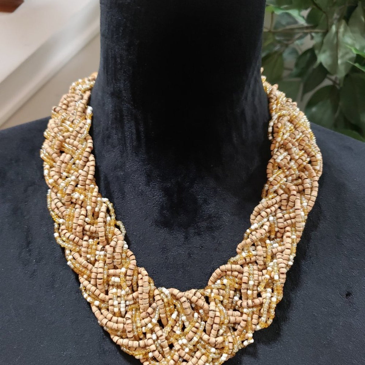 Women's Tan Peach Large Braided Seed Beads Statement Necklace