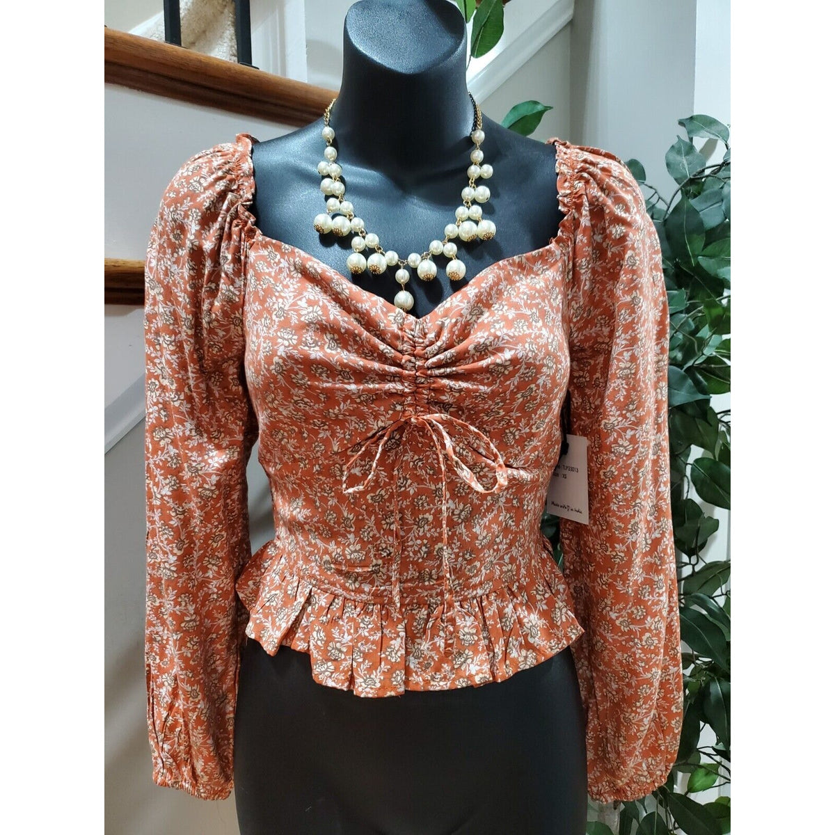 Japna Women Brown Floral 100% Viscose Sweetheart Neck Long Sleeve Top Blouse XS