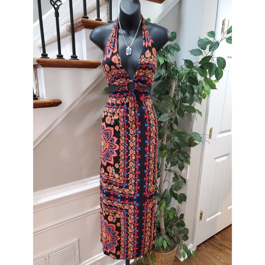 Shein Womens Multi Floral 100% Viscose Halter Neck Sleeveless Maxi Dress Large