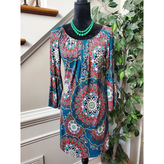 Honeyme Women's Multicolor Polyester Round Neck Long Sleeve Knee Length Dress XL
