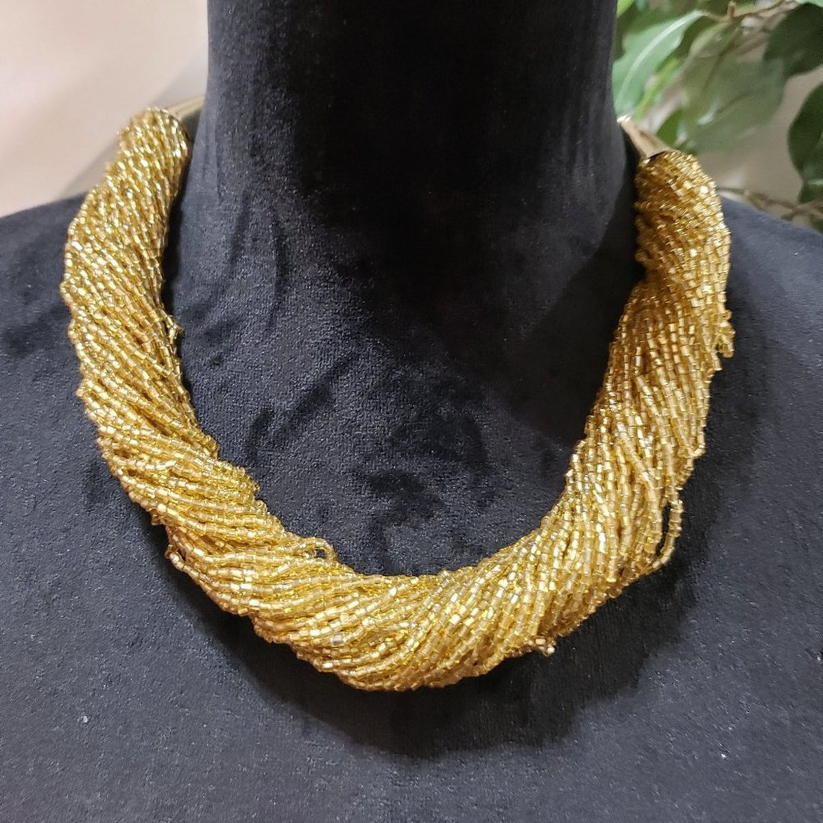 Beaded Statement Necklace with Accents Gold Tone Glass Seed Braided