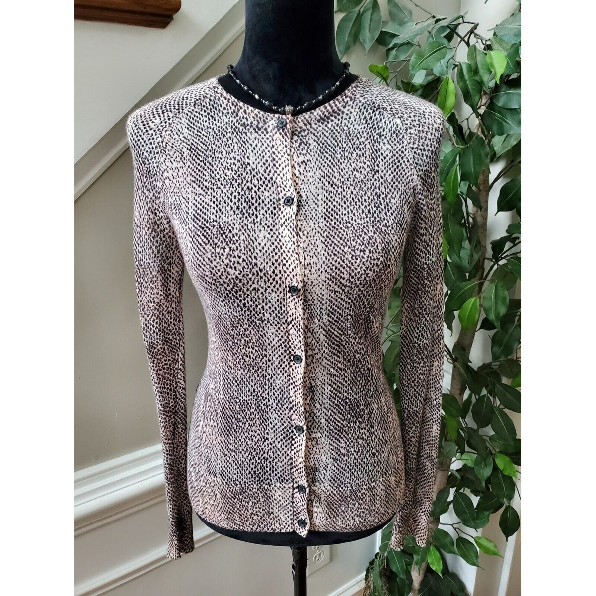 Loft Women Animal Print Beige & Black Ramie Long Sleeve Button Front Cardigan XS