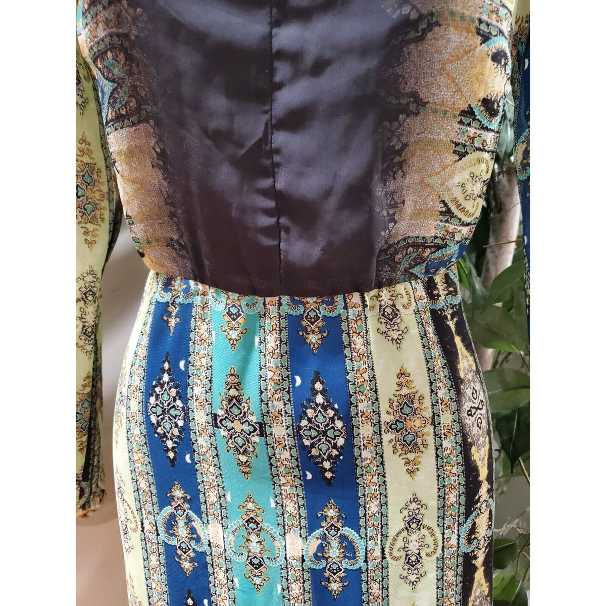 Women's Multicolor Polyester Round Neck Long Sleeve Casual Sheer Maxi Dress XS