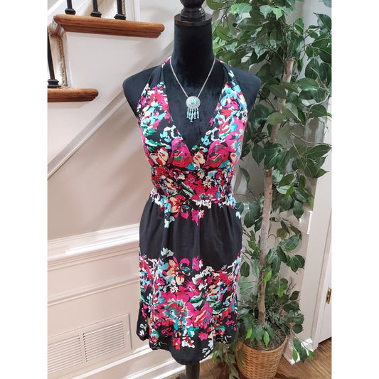 No Boundaries Women's Black Floral V-Neck Sleeveless Knee Length Dress Size XL