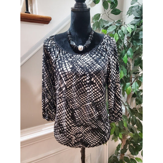 Michael Kors Women Black & White Polyester Scoop Neck Long Sleeve Top Blouse S/P