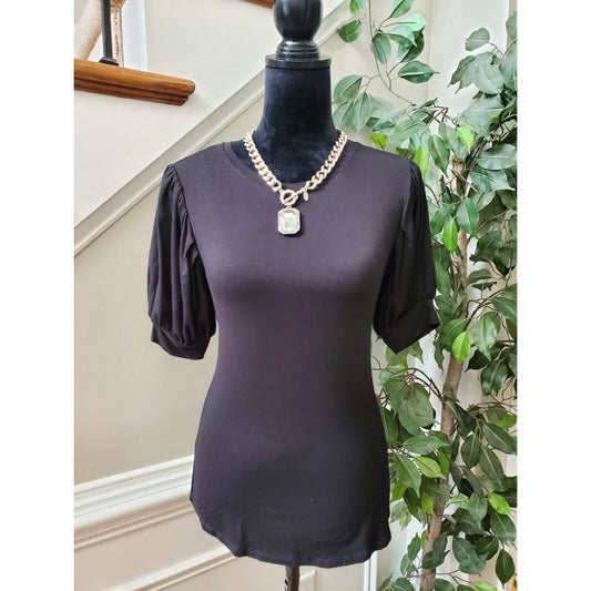 Tahari Women's Black Viscose Round Neck Short Puff Sleeve Casual Top Shirt XS