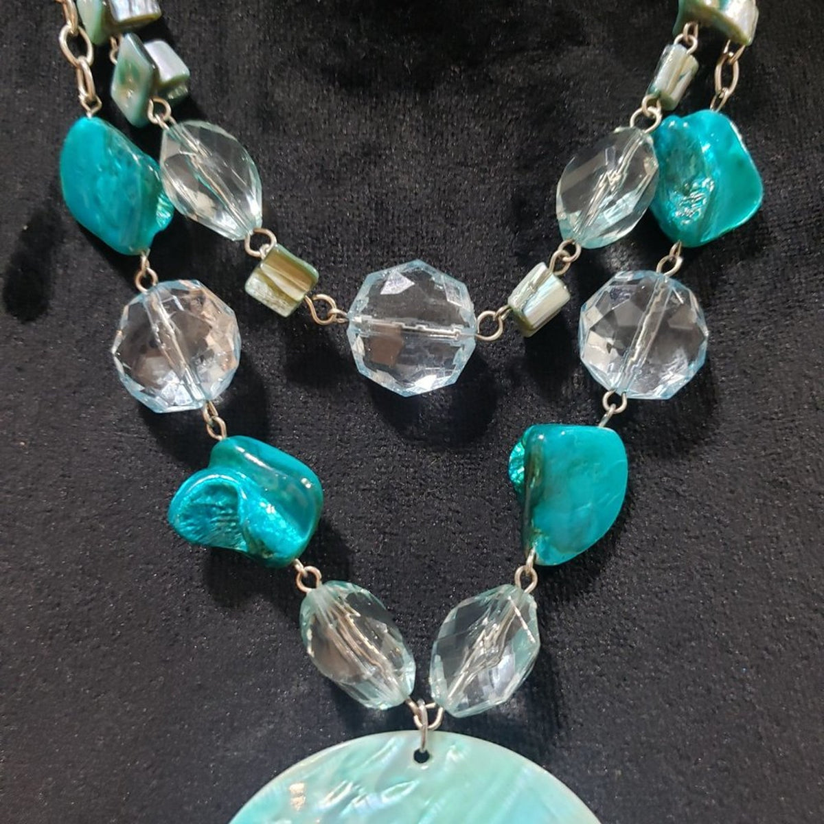 Womens Double Layered Clear Crystals, Glass and Shell Beads Pendant Necklace