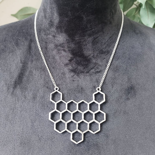 Womens Antiqued Silver Tone Hexagonal Brass Bee Bib Necklace with Lobster Clasp