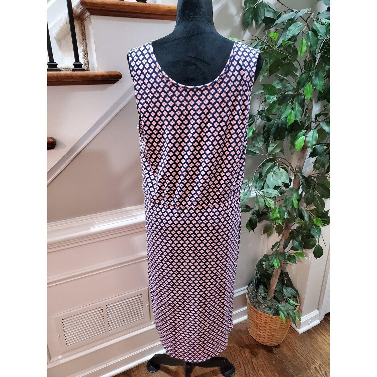 Blue Floral Polyester Round Neck Sleeveless Casual Knee Length Dress Medium