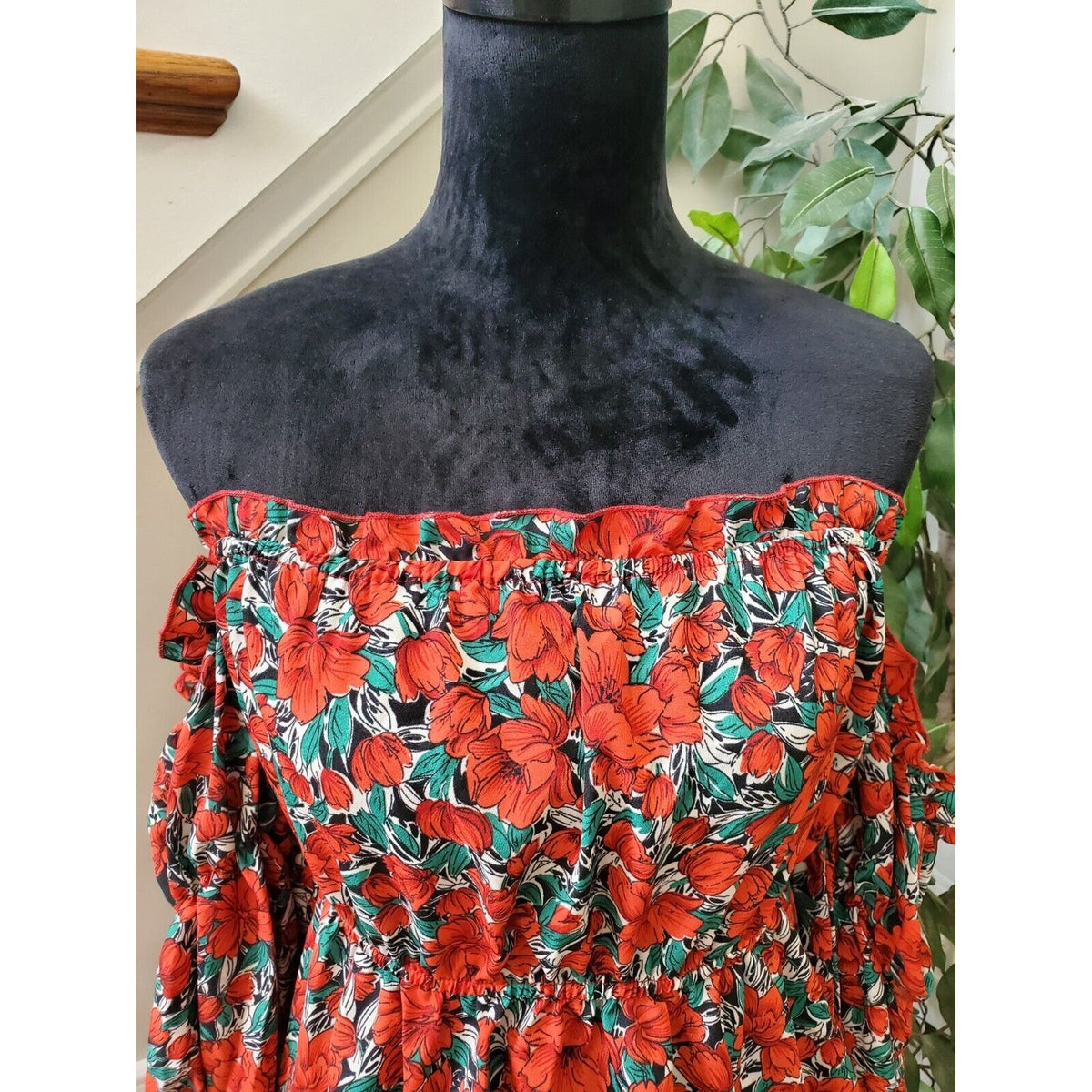 SHEIN Women Red Floral 100% Polyester Off The Shoulder Long Sleeve Top Blouse L