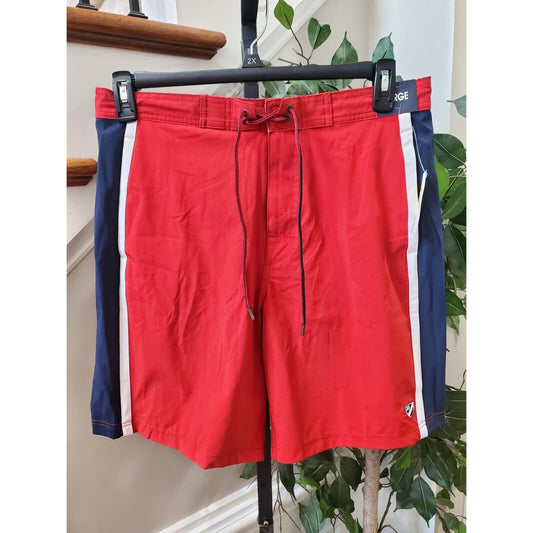 Cremieux Men Red & Blue Polyester Pull On Drawstring Swimwear Shorts Size Large