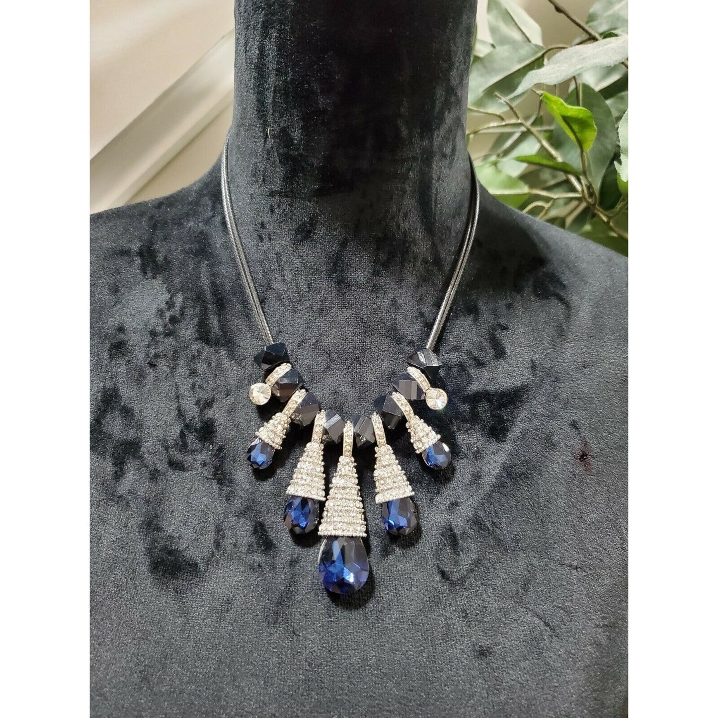 Statement Necklace w/ Sapphire Blue Crystals Black Beads & Rhinestone Accents