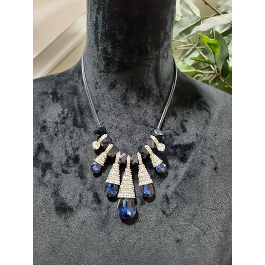 Statement Necklace w/ Sapphire Blue Crystals Black Beads & Rhinestone Accents