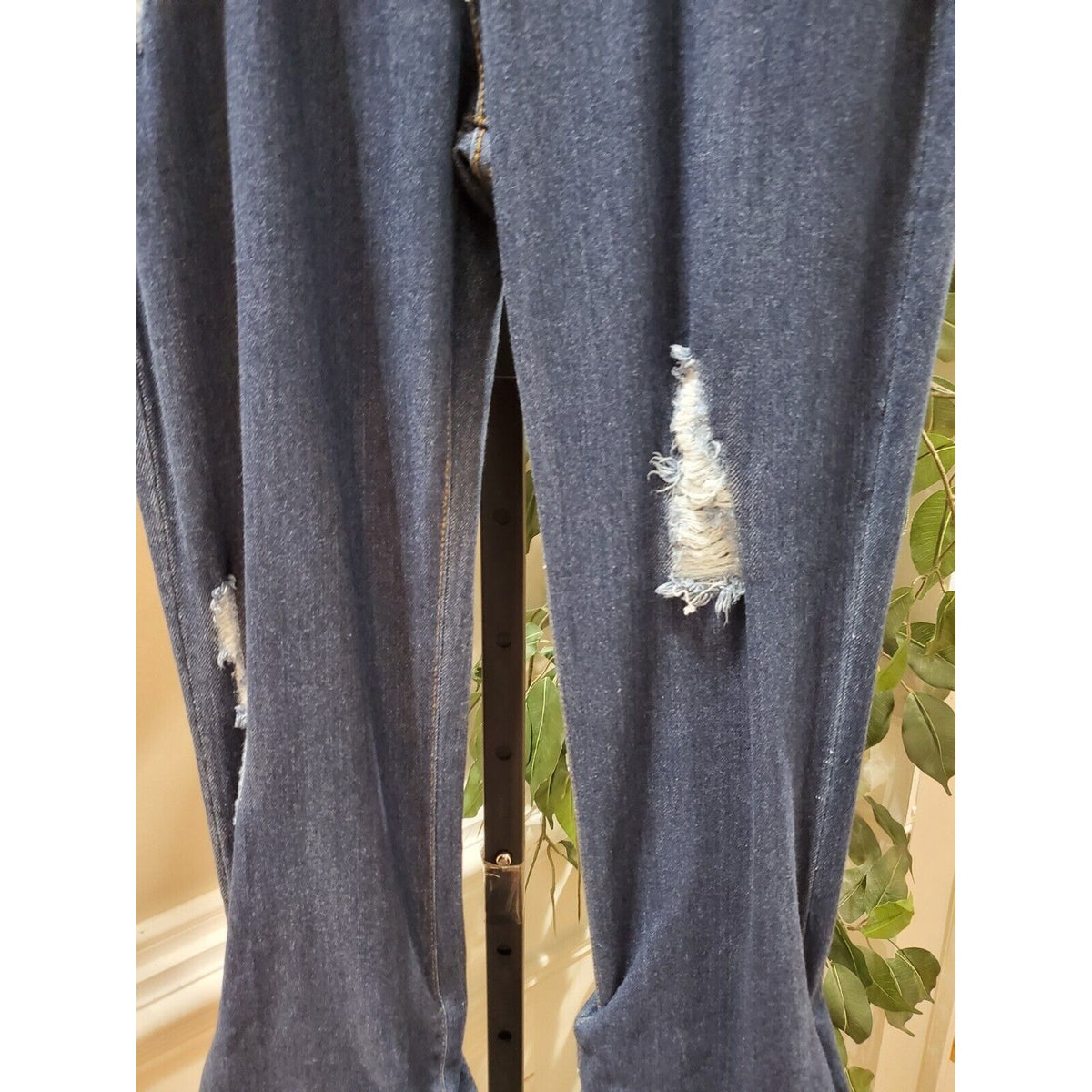 Vibrant Womens Stacked Blue Denim Rayon Distressed Pockets Pull On Jeans Large