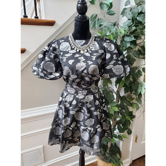 Aura Gray Polyester Round Neck Puff Short Sleeve Casual Knee Length Dress XS