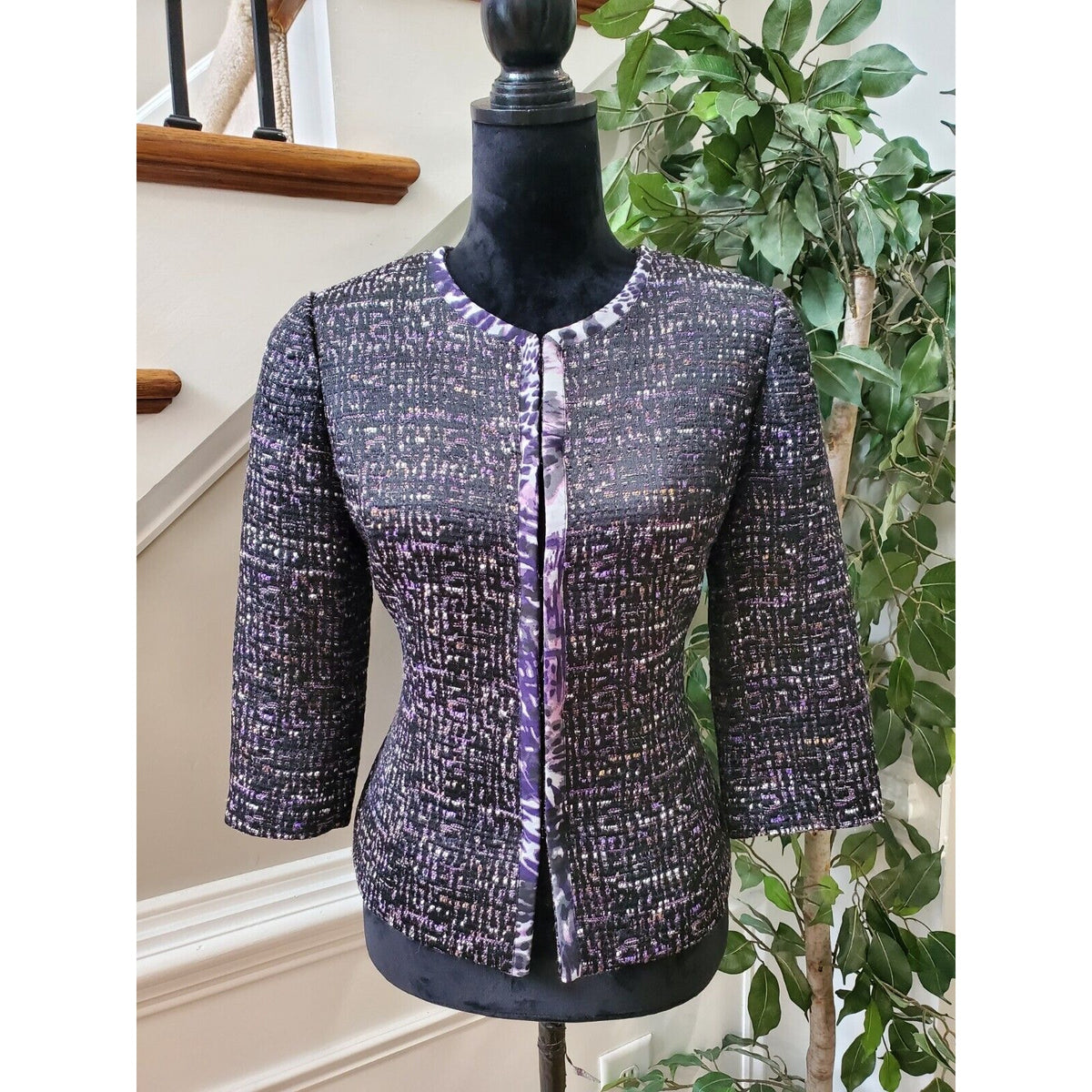 Coldwater Creek Women's Purple Polyester Tweed 3/4 Sleeve Blazer Jacket Size XS