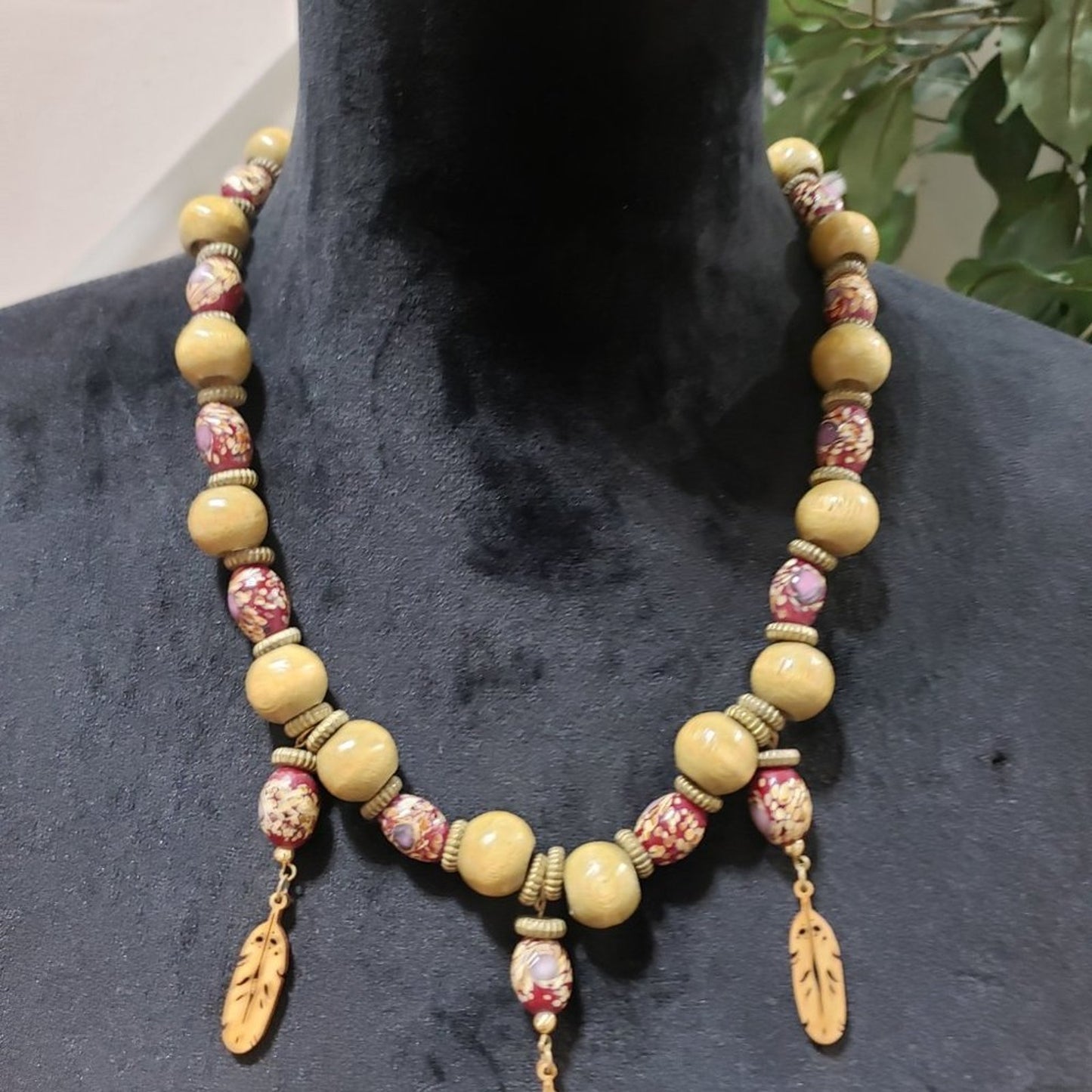 Womens Handcrafted Dark Brown and Red Wood Bead Necklace