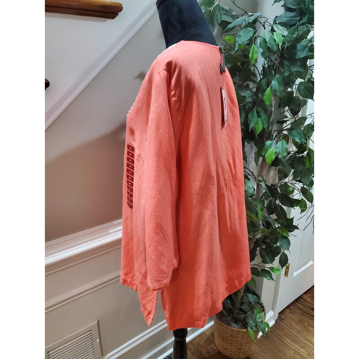 Premise Women's Peach Linen V-Neck Long Sleeve Casual Top Blouse Size X-Large