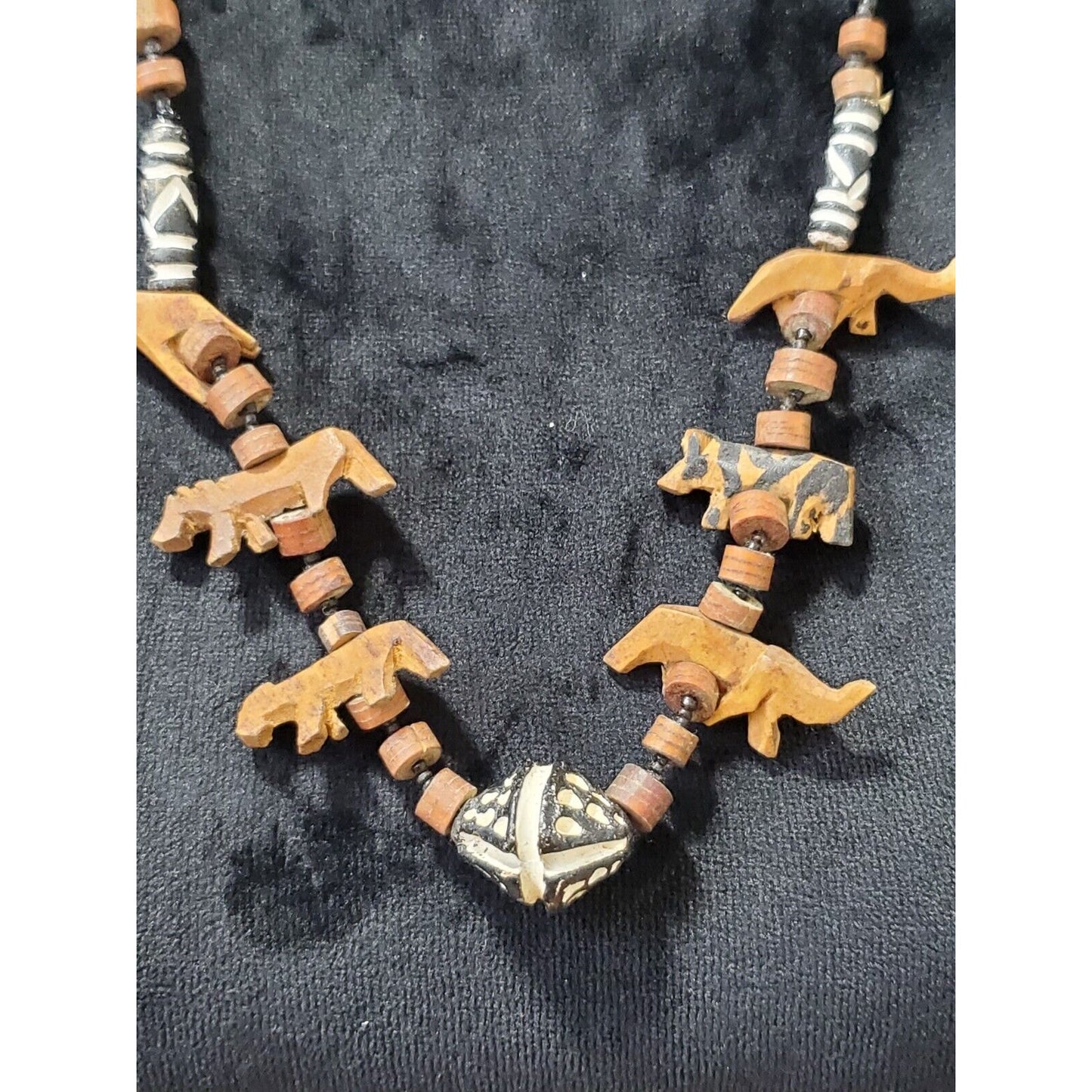 Vintage Wood Beaded Boho Necklace Tribal Animals Leopard Giraffe Tiger Lion