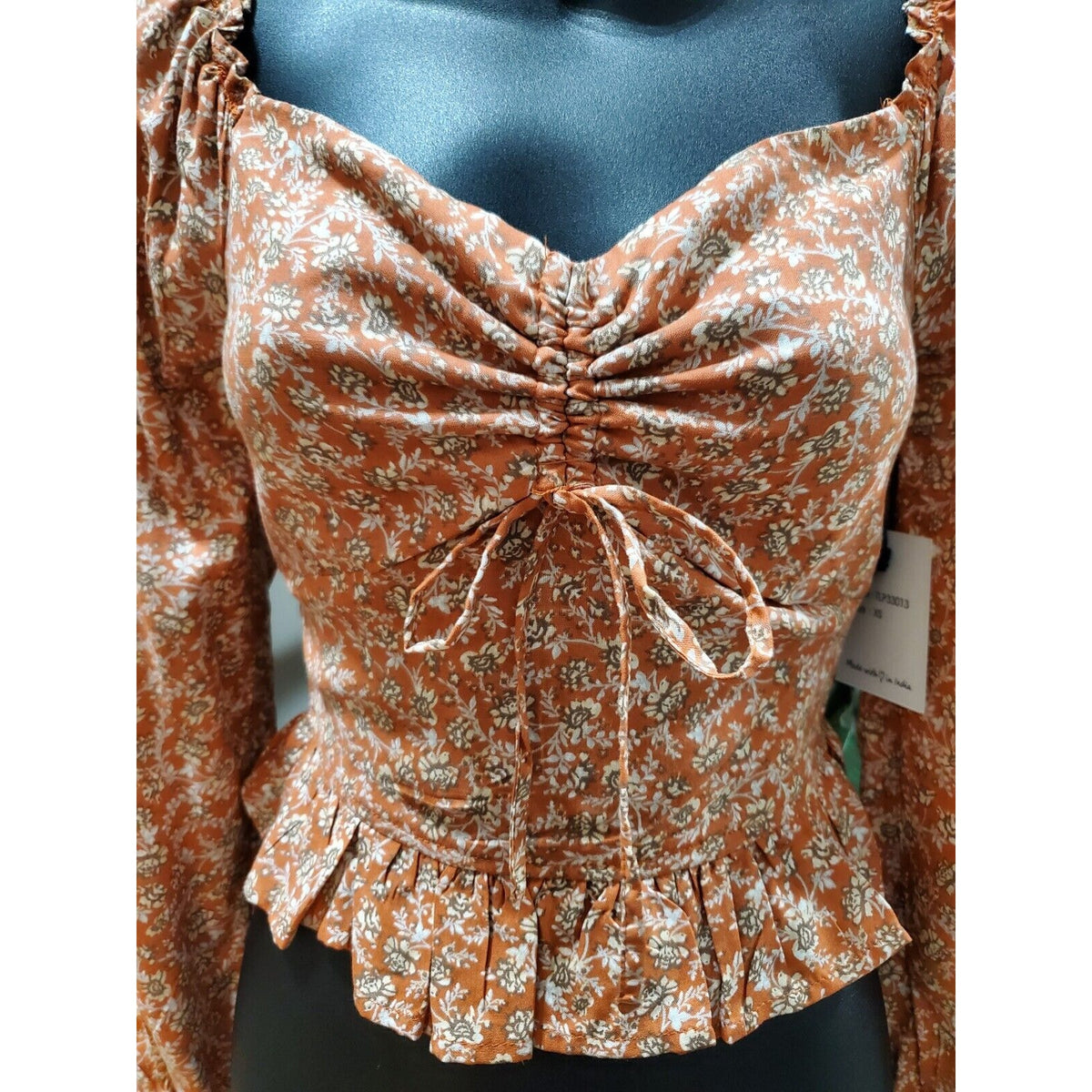 Japna Women Brown Floral 100% Viscose Sweetheart Neck Long Sleeve Top Blouse XS